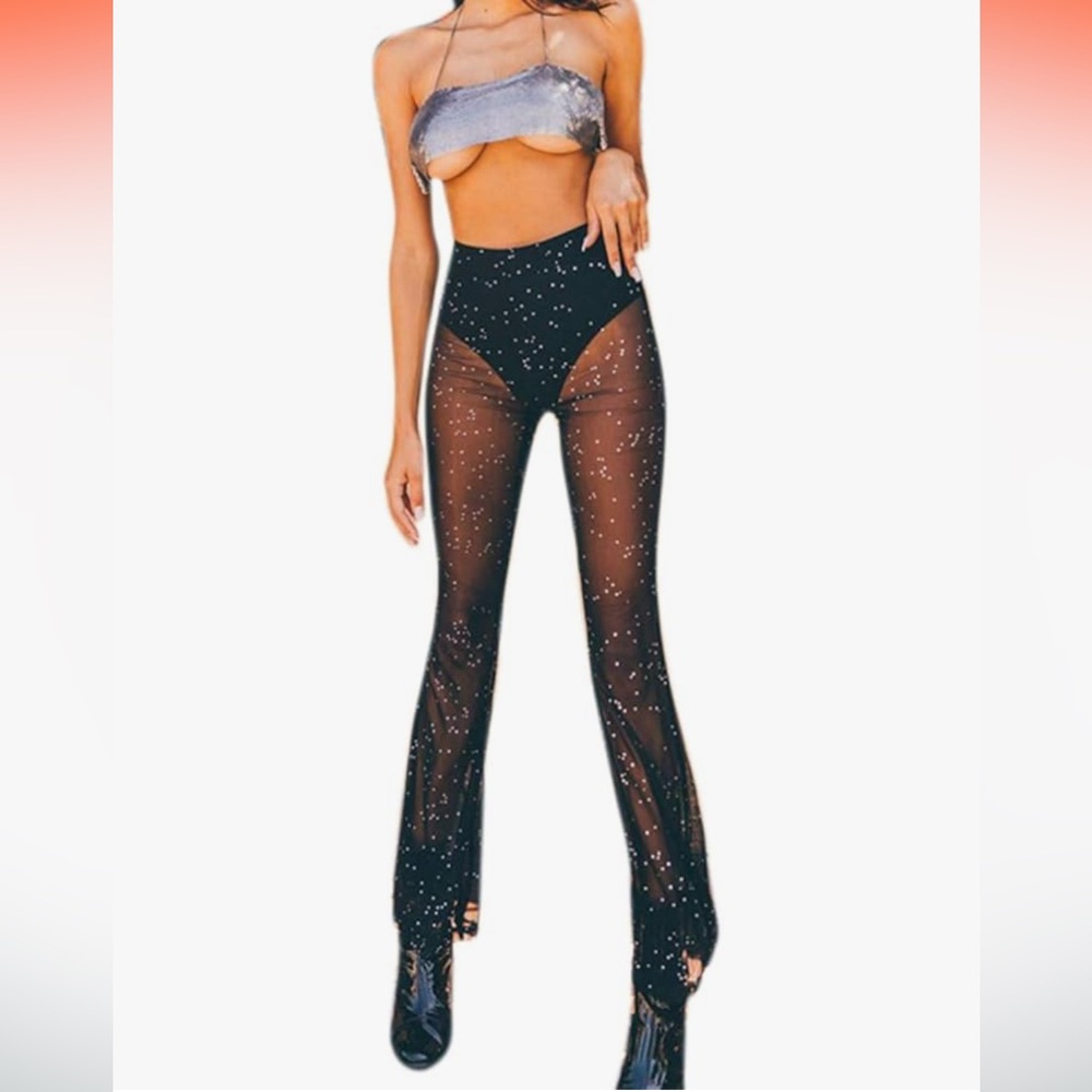 Women Rave Mesh Sheer Pants Flared Bell Bottom Pants for Dance club medium